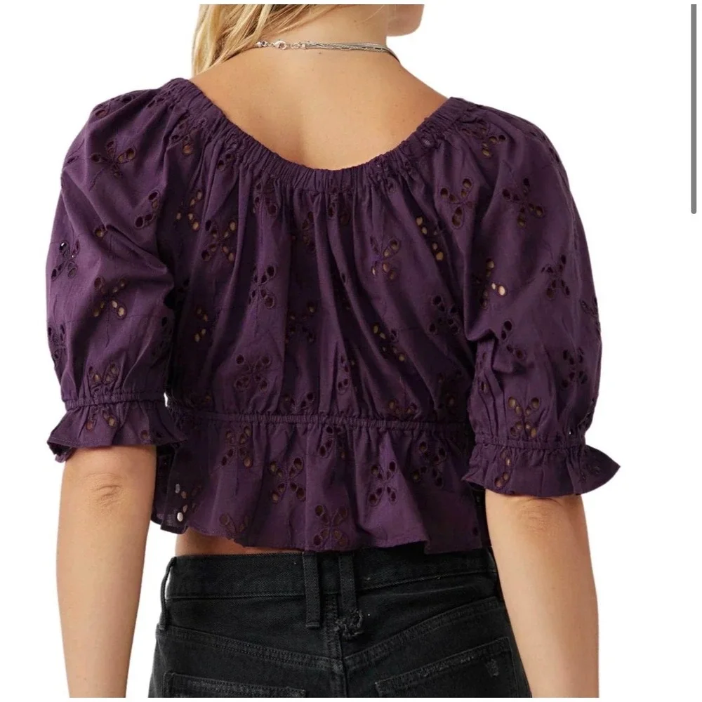 Free People Gardenia Top Purple Eyelet V-Neck Peplum Puff Sleeve Boho Large